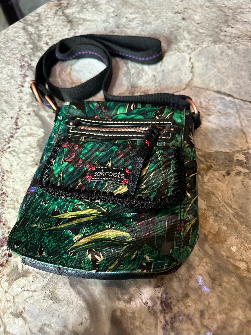 Sakroots Green Tropical Leaf Print Crossbody Bag